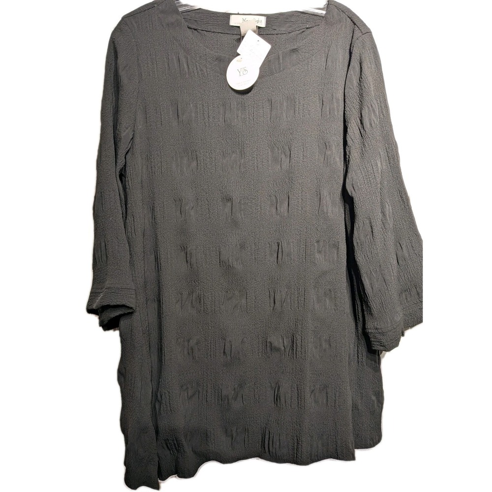 Moonlight Shirt Women L Black Crinkle 3/4 Sleeve Tunic Top Asym Hem NWT